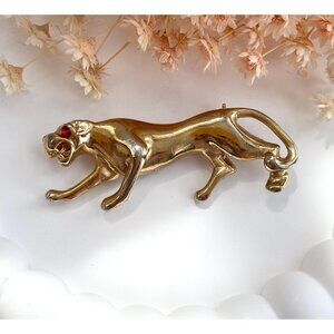 Panther Figural Vintage Gold Toned Red Rhinestoned Animal | Big Cat Brooch Pin